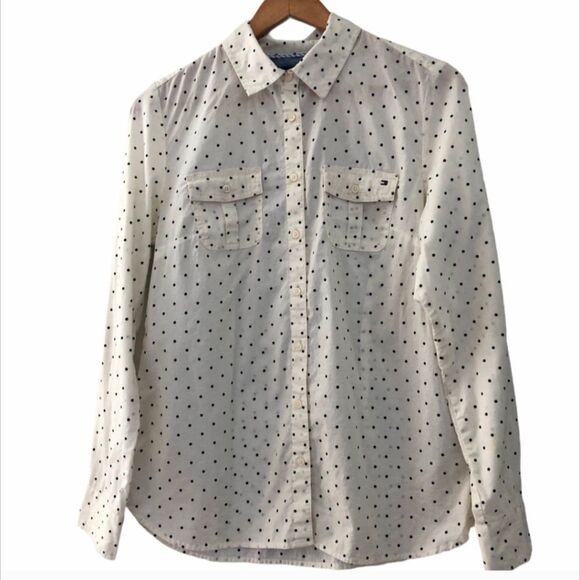 Tommy Hilfiger Med Blouse Top Button Down Shirt Cream / Black - Picture 1 of 6